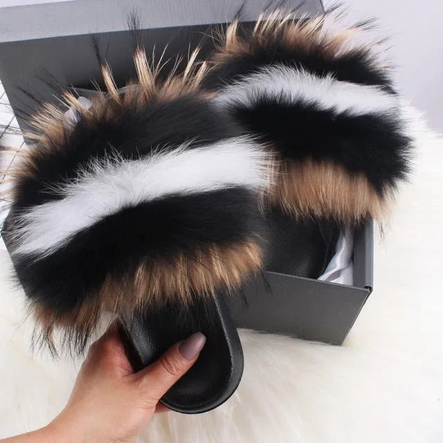 Cloudfoam Slides ETHEL ANERSON Real Fox Raccoon Fur Slippers Women's Fur Slides NEW Flip Flops beach plush fluffy furry designer slippers sandal