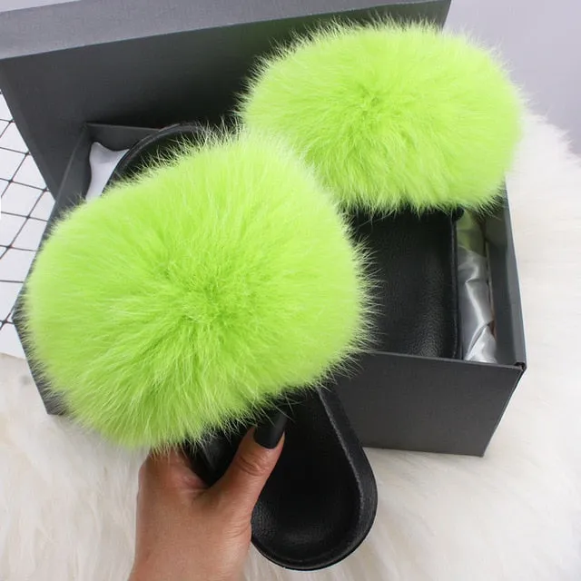 Slippers You Can Wear Outside ETHEL ANERSON Real Fox Raccoon Fur Slippers Women's Fur Slides NEW Flip Flops beach plush fluffy furry designer slippers sandal