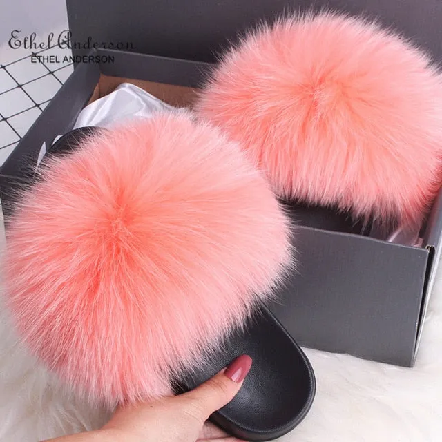 ETHEL ANERSON Real Fox Raccoon Fur Slippers Women's Fur Slides NEW Flip Flops beach plush fluffy furry designer slippers sandal Smell Slippers