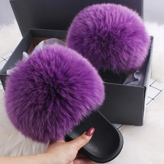 Fake Slides ETHEL ANERSON Real Fox Raccoon Fur Slippers Women's Fur Slides NEW Flip Flops beach plush fluffy furry designer slippers sandal