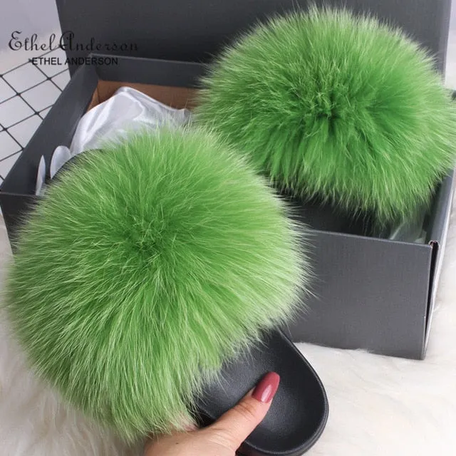 ETHEL ANERSON Real Fox Raccoon Fur Slippers Women's Fur Slides NEW Flip Flops beach plush fluffy furry designer slippers sandal Slippers Wicked Witch