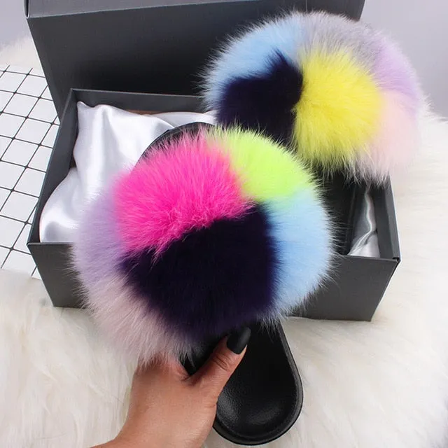 Robe Slippers ETHEL ANERSON Real Fox Raccoon Fur Slippers Women's Fur Slides NEW Flip Flops beach plush fluffy furry designer slippers sandal
