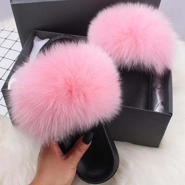 Barcelona Jelly Slides ETHEL ANERSON Real Fox Raccoon Fur Slippers Women's Fur Slides NEW Flip Flops beach plush fluffy furry designer slippers sandal