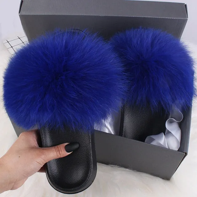 Tagalog Slippers ETHEL ANERSON Real Fox Raccoon Fur Slippers Women's Fur Slides NEW Flip Flops beach plush fluffy furry designer slippers sandal