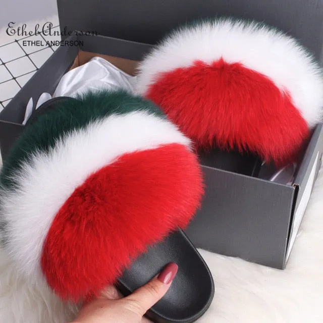 Comfort Slippers With Arch Support ETHEL ANERSON Real Fox Raccoon Fur Slippers Women's Fur Slides NEW Flip Flops beach plush fluffy furry designer slippers sandal