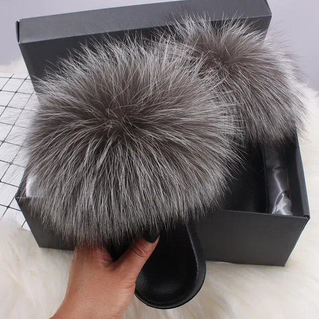 Cicciabella Slippers ETHEL ANERSON Real Fox Raccoon Fur Slippers Women's Fur Slides NEW Flip Flops beach plush fluffy furry designer slippers sandal