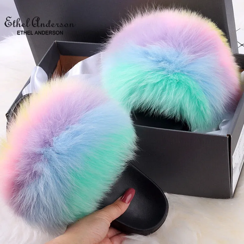 Slide Loafers ETHEL ANERSON Real Fox Raccoon Fur Slippers Women's Fur Slides NEW Flip Flops beach plush fluffy furry designer slippers sandal