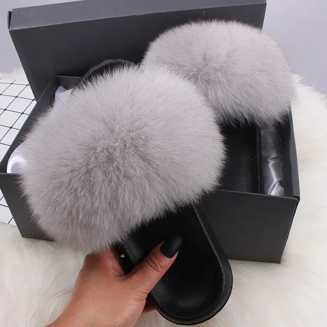 ETHEL ANERSON Real Fox Raccoon Fur Slippers Women's Fur Slides NEW Flip Flops beach plush fluffy furry designer slippers sandal Heel Pain Slippers