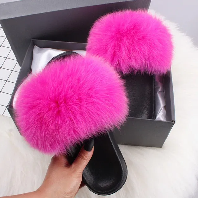 ETHEL ANERSON Real Fox Raccoon Fur Slippers Women's Fur Slides NEW Flip Flops beach plush fluffy furry designer slippers sandal Irish Sheepskin Slippers