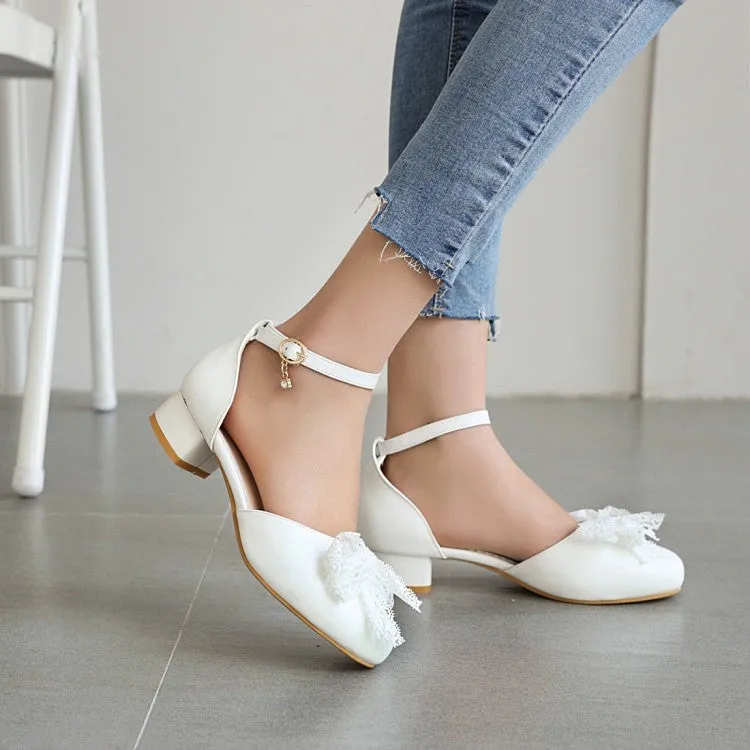 Women's Solid Color Round Toe Lace Butterfly Knot Ankle Strap Block Heel Low Heels Sandals Grounded Sandals