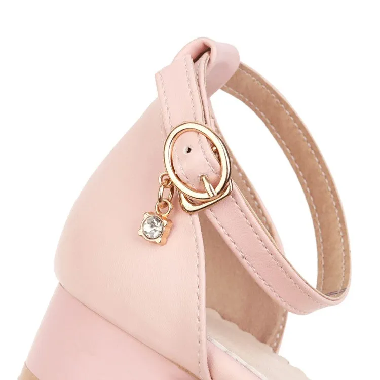 Women's Solid Color Round Toe Lace Butterfly Knot Ankle Strap Block Heel Low Heels Sandals 70s Platform Sandals