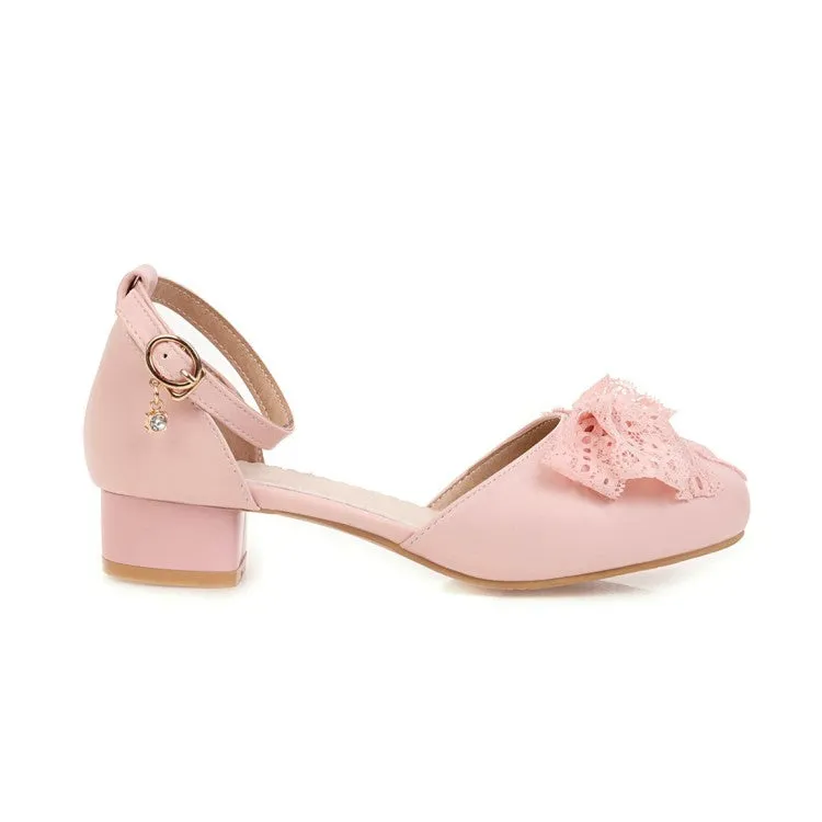 Women's Solid Color Round Toe Lace Butterfly Knot Ankle Strap Block Heel Low Heels Sandals Cork Sole Sandals