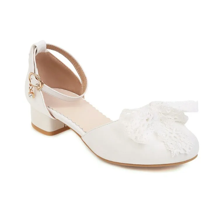 Women's Solid Color Round Toe Lace Butterfly Knot Ankle Strap Block Heel Low Heels Sandals Heeled Thong Sandals