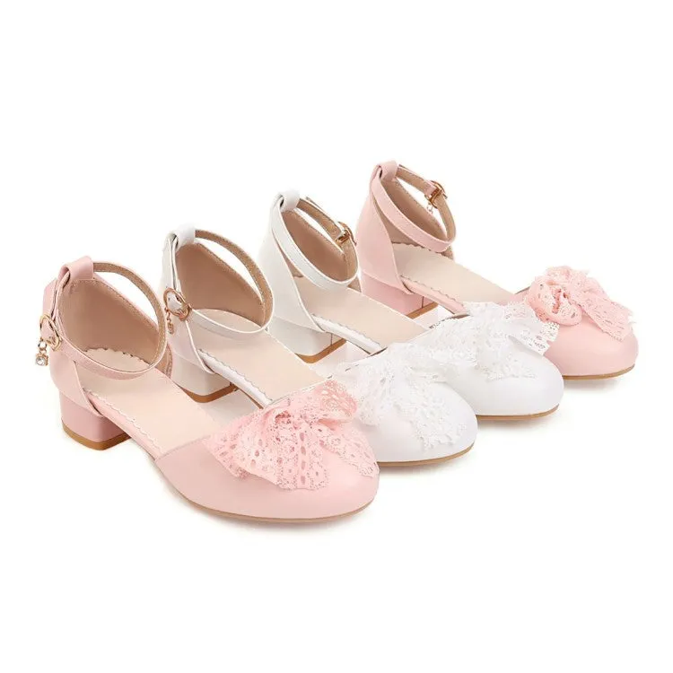 Sandals Church Jobs Women's Solid Color Round Toe Lace Butterfly Knot Ankle Strap Block Heel Low Heels Sandals