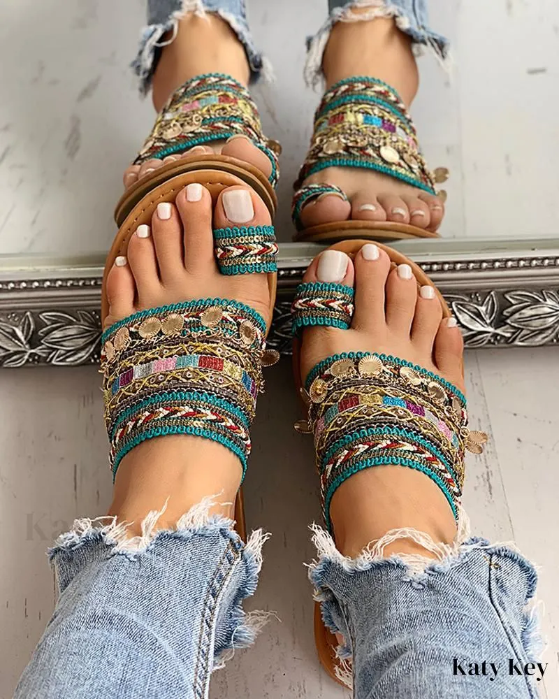 KatyKey - Artisan Handcrafted Ethnic Bohemian Toe Ring Slippers Flip Flops With Spikes