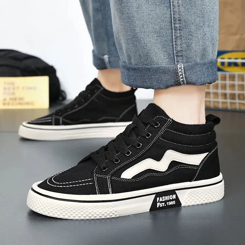 Fashion High Top Men Casual Shoes Comfortable Flat Boot Sneakers Men Canvas Shoes Lightweight Flats Students Walking Sport Shoes Flat Close Shoes