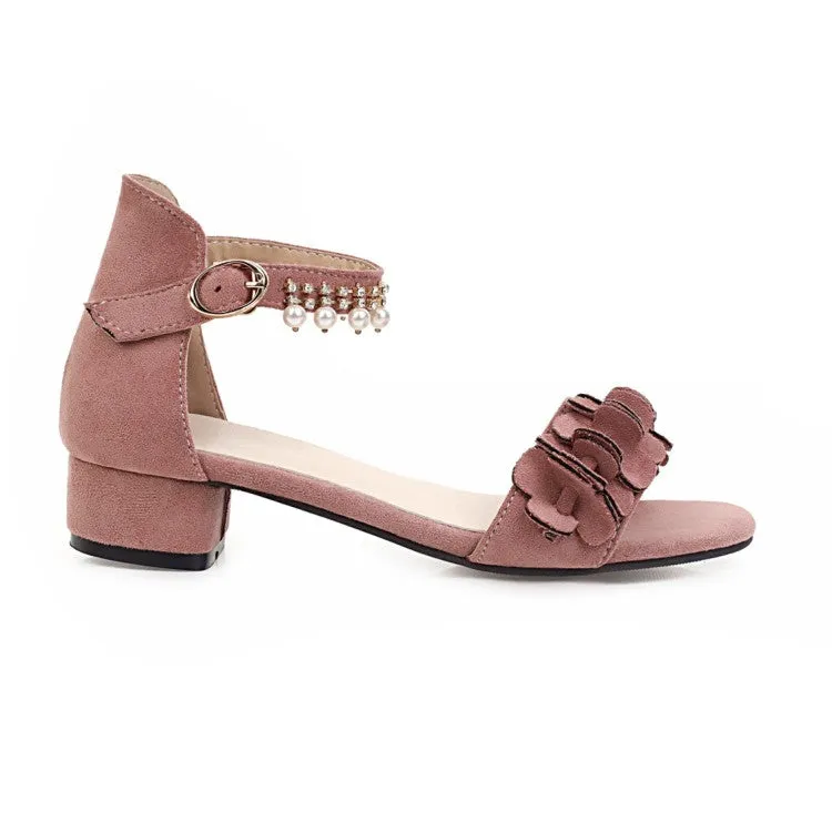 Rope Sandals Women's Flora Ankle Strap Pearls Hollow Out Block Heel Low Heels Sandals