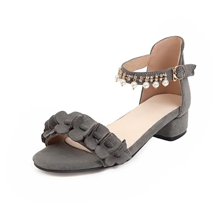 Sandals For Women Velcro Women's Flora Ankle Strap Pearls Hollow Out Block Heel Low Heels Sandals