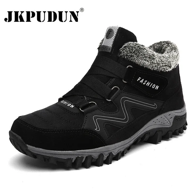 JKPUDUN Leather Men Boots Winter with Fur 2018 Warm Snow Boots Men Winter Work Casual Shoes Sneakers High Top Rubber Ankle Boots Chemical Resistant Steel Toe Work Boots
