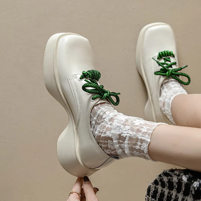 Women Square Toe Lace Up Chunky Derby Shoes in White/Black Oxfords With Rubber Soles