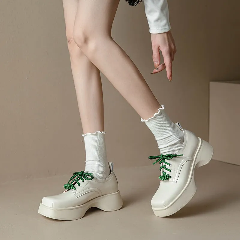 Women Square Toe Lace Up Chunky Derby Shoes in White/Black Square Toe Oxfords