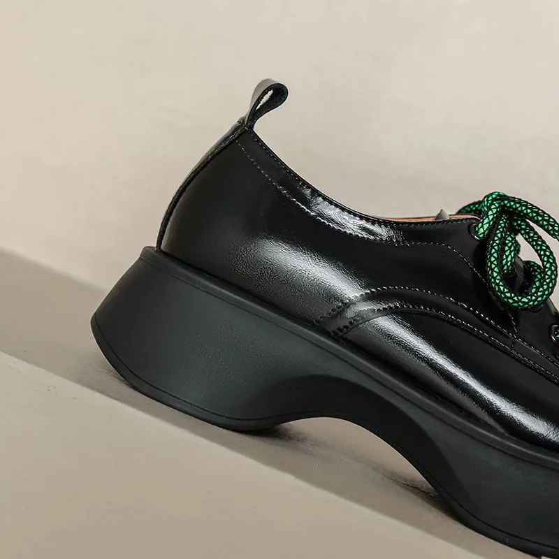 Women Square Toe Lace Up Chunky Derby Shoes in White/Black Calipa Cap-toe Oxfords