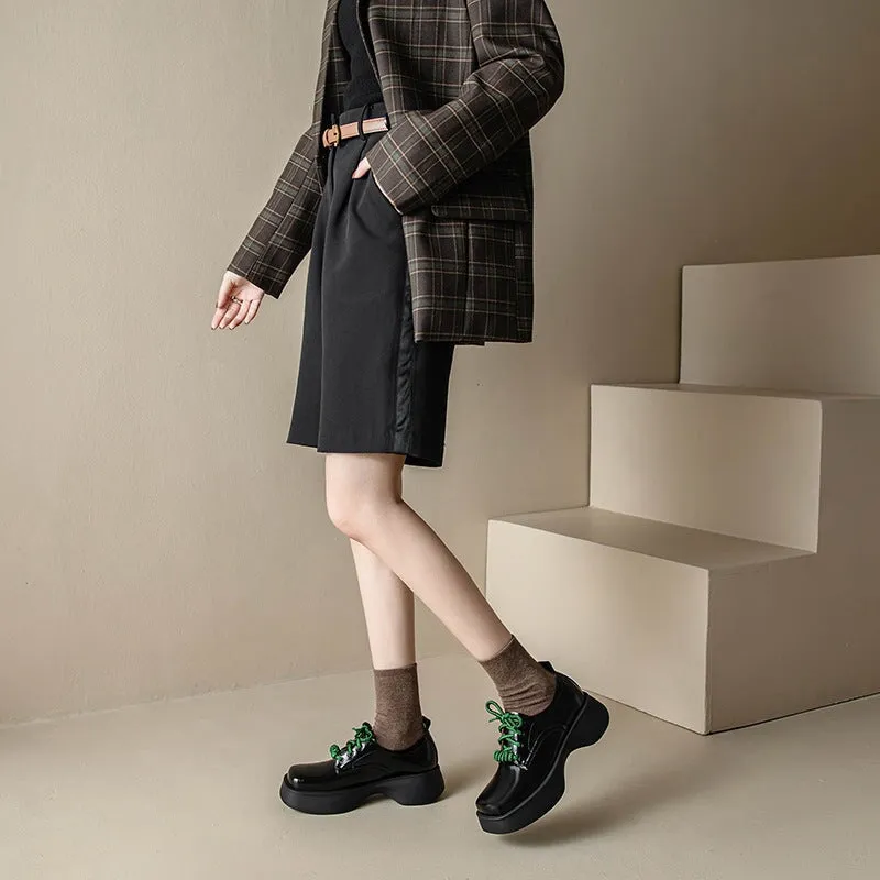 Oxford Lace Up Shoes Women Square Toe Lace Up Chunky Derby Shoes in White/Black