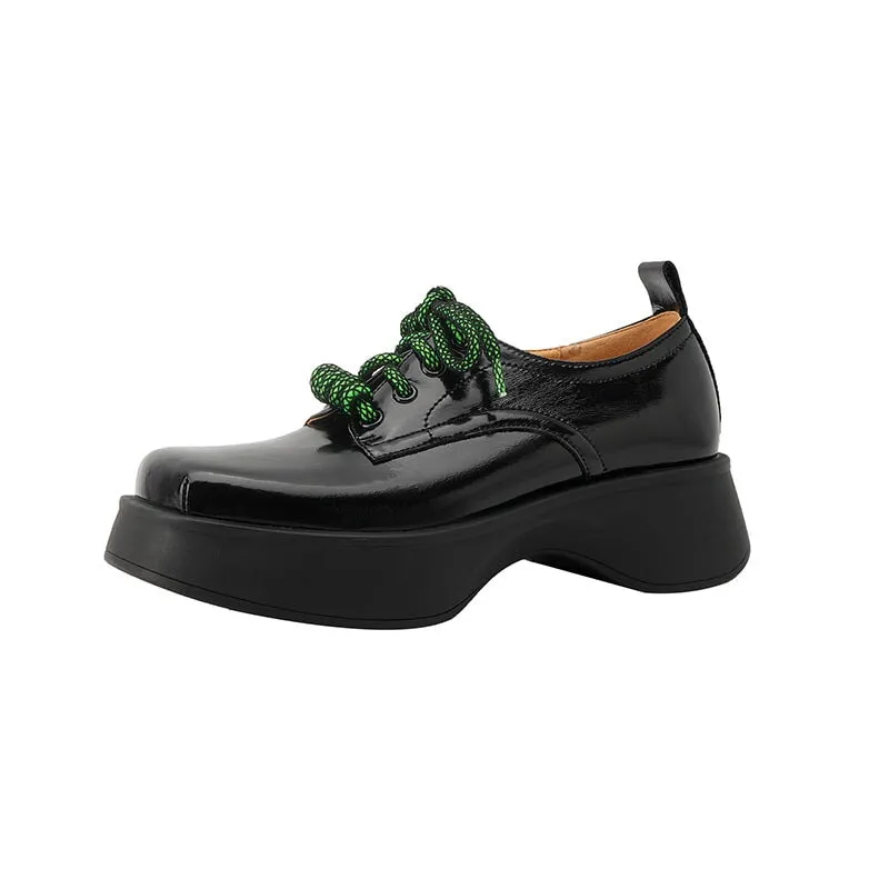 Women Square Toe Lace Up Chunky Derby Shoes in White/Black Zapatos Oxford