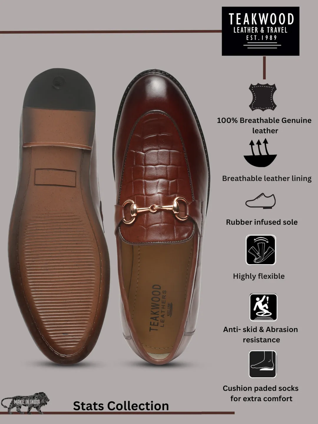 Orthopedic Loafers In Breathable Leather Men's Brown Croco Texture Leather Loafers