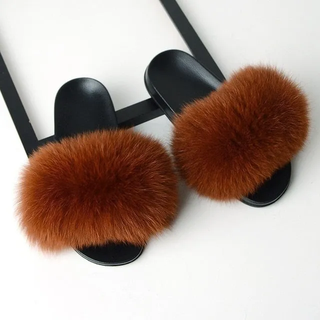 SARSALLYA Fur Slippers Women Real Fox Fur Slides Home Furry Flat Sandals Female Cute Fluffy House Shoes Woman Brand Luxury 2020 Silver Slippers Gym