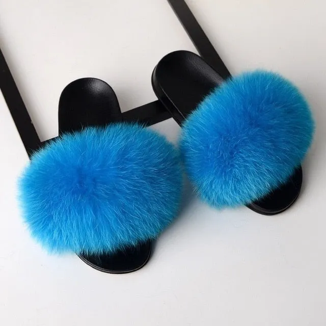 SARSALLYA Fur Slippers Women Real Fox Fur Slides Home Furry Flat Sandals Female Cute Fluffy House Shoes Woman Brand Luxury 2020 Dallas Cowboys Slippers