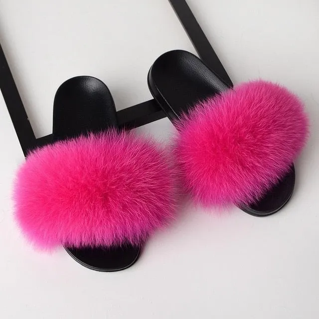SARSALLYA Fur Slippers Women Real Fox Fur Slides Home Furry Flat Sandals Female Cute Fluffy House Shoes Woman Brand Luxury 2020 Cream Slippers