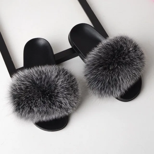 Oran Slippers SARSALLYA Fur Slippers Women Real Fox Fur Slides Home Furry Flat Sandals Female Cute Fluffy House Shoes Woman Brand Luxury 2020
