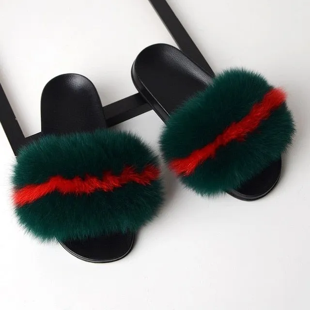 Banda Slides SARSALLYA Fur Slippers Women Real Fox Fur Slides Home Furry Flat Sandals Female Cute Fluffy House Shoes Woman Brand Luxury 2020