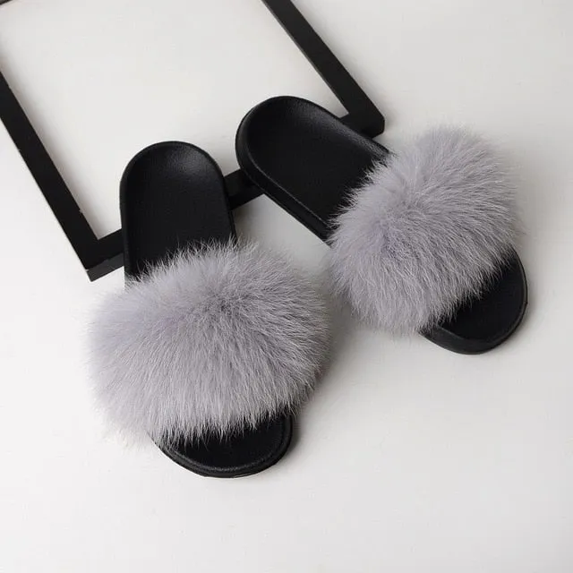 SARSALLYA Fur Slippers Women Real Fox Fur Slides Home Furry Flat Sandals Female Cute Fluffy House Shoes Woman Brand Luxury 2020 Slippers Wendy
