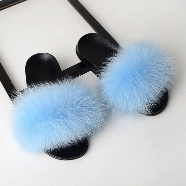 SARSALLYA Fur Slippers Women Real Fox Fur Slides Home Furry Flat Sandals Female Cute Fluffy House Shoes Woman Brand Luxury 2020 Travel Slippers