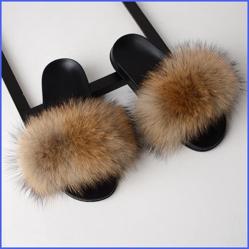 SARSALLYA Fur Slippers Women Real Fox Fur Slides Home Furry Flat Sandals Female Cute Fluffy House Shoes Woman Brand Luxury 2020 House Slippers With Fur