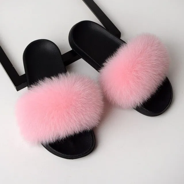 Slippers Size 4 SARSALLYA Fur Slippers Women Real Fox Fur Slides Home Furry Flat Sandals Female Cute Fluffy House Shoes Woman Brand Luxury 2020