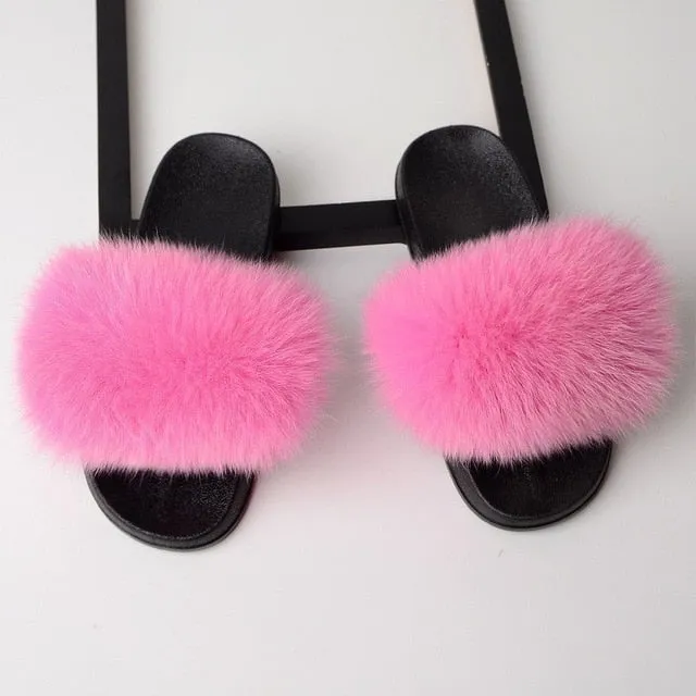 Slippers For Couples SARSALLYA Fur Slippers Women Real Fox Fur Slides Home Furry Flat Sandals Female Cute Fluffy House Shoes Woman Brand Luxury 2020