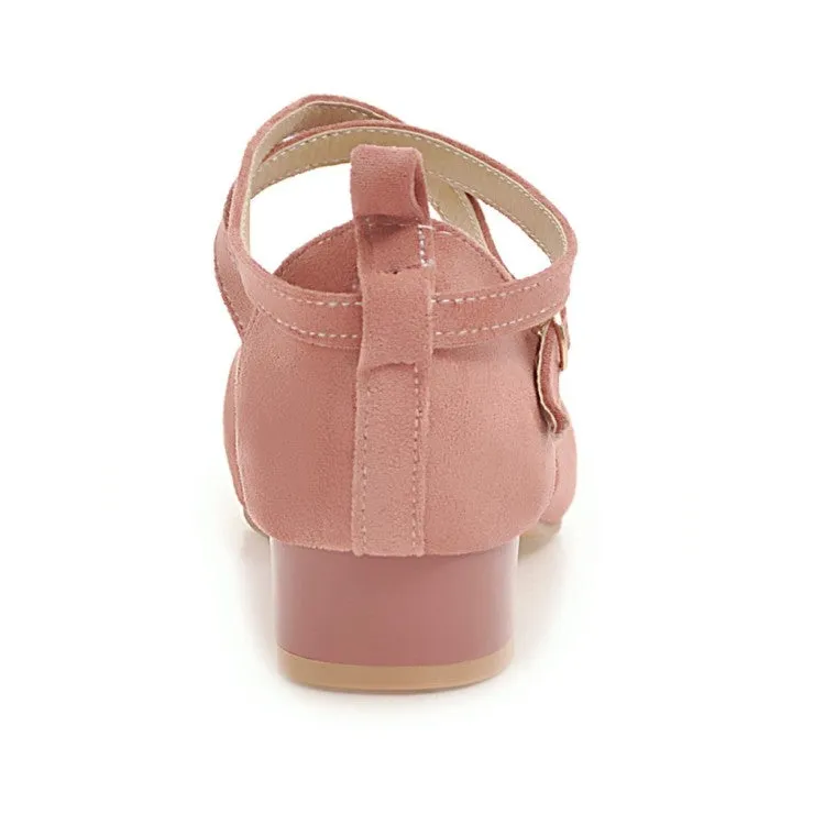 Women's Solid Color Suede Hollow Out Ankle Wrap Low Block Heels Sandals Gbg Los Angeles Sandals