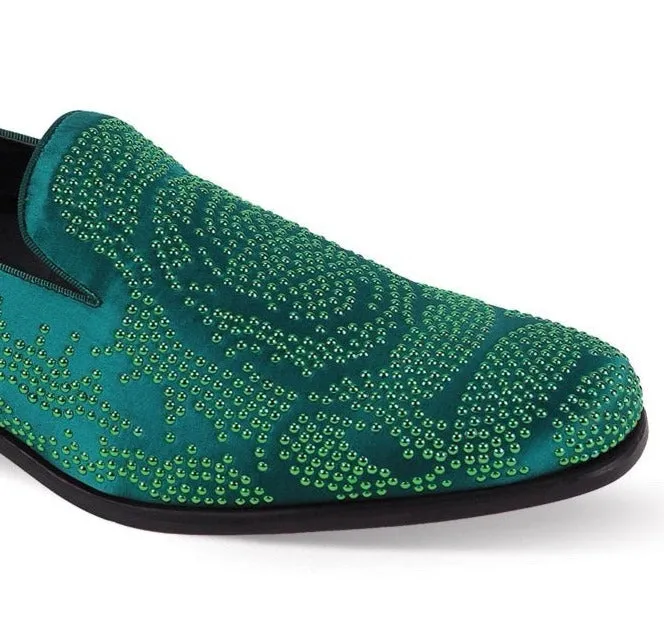 Green Sequin Stone Men's Loafers Luxury Design Slip-on Dress Shoes Chunky Loafers With Dress