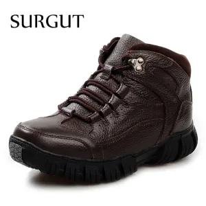 Discount Work Boots Sale SURGUT New Men Boots For Men Winter Snow Boots Warm Fur&Plush Lace Up High Top Fashion Men Casual Ankle Boots Big Size 38~44