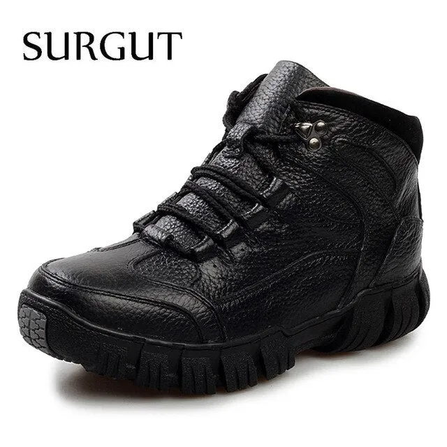 SURGUT New Men Boots For Men Winter Snow Boots Warm Fur&Plush Lace Up High Top Fashion Men Casual Ankle Boots Big Size 38~44 Best Hiking Work Boots