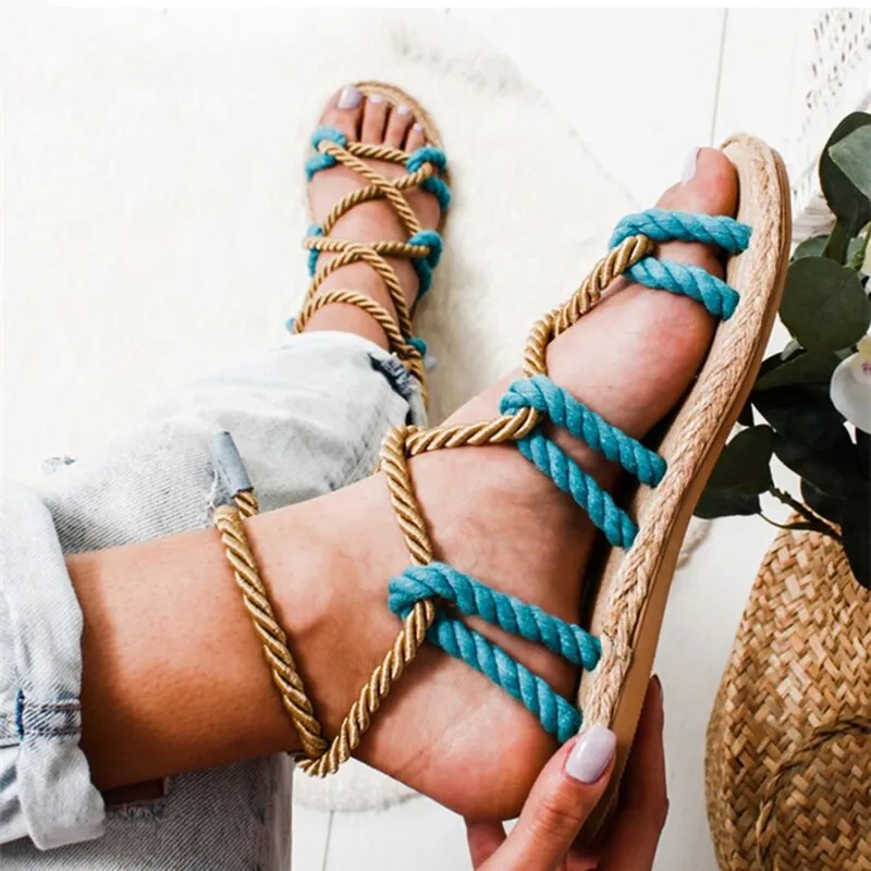 HAJINK Lace Up Sandals Rag Flip Flops