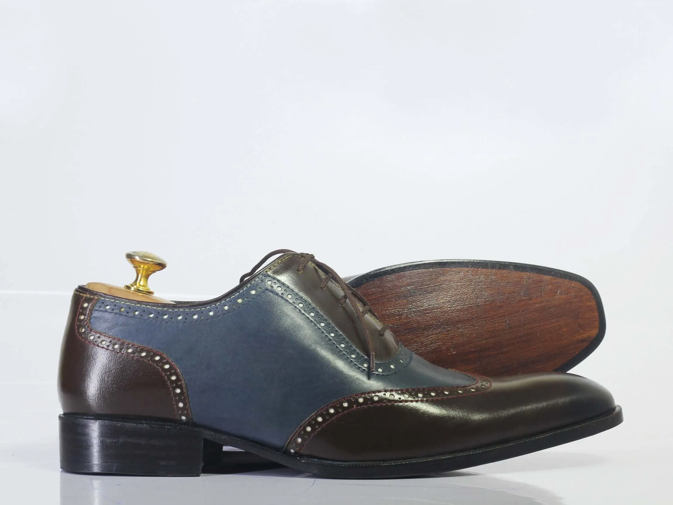 Handmade Men's Blue Brown Wing Tip Leather Lace Up Shoes, Men Designer Dress Formal Shoes, Men Luxury Fashion Shoes Cocktail Dresses With Flat Shoes