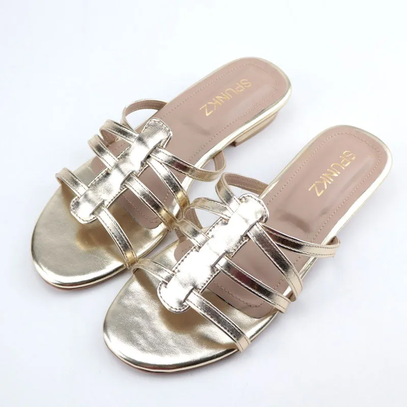 Machine Washable Slippers Metallic Shiny Leather Strap Flat Sandal for Women