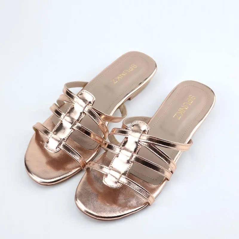 Different Types Of Slippers Metallic Shiny Leather Strap Flat Sandal for Women