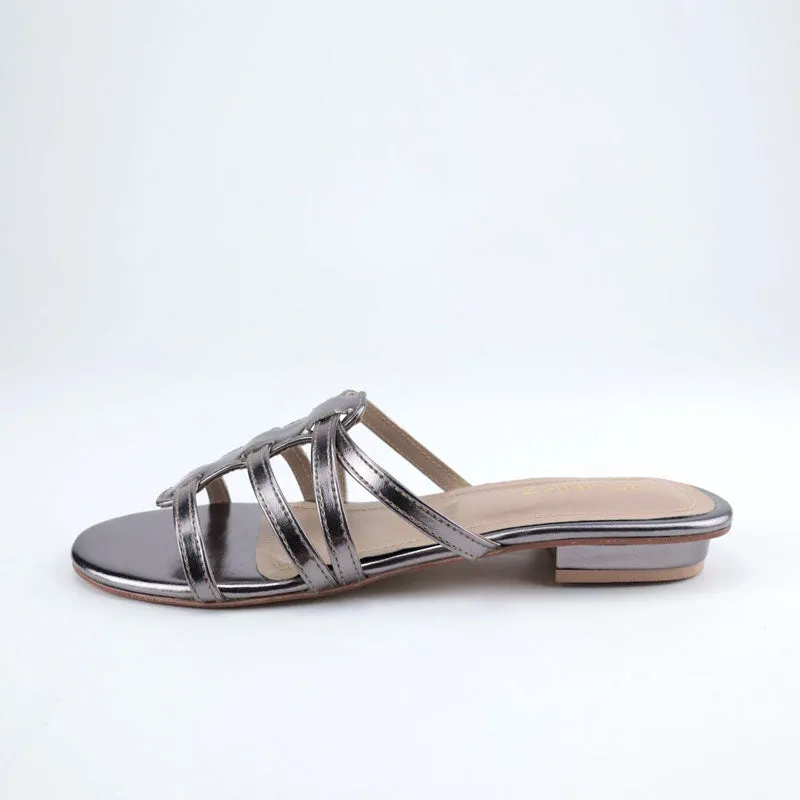 Faux Suede Slippers Metallic Shiny Leather Strap Flat Sandal for Women