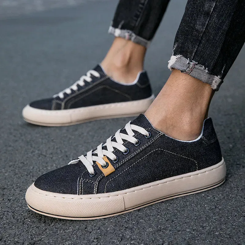 Flats Shoes Wiaofellas  -  Japanese Style Cowboy Blue Men Canvas Sneakers FLat Non-slip Men's Vulcanized Shoes Breathable Low Cut Skateboard Shoes for Man