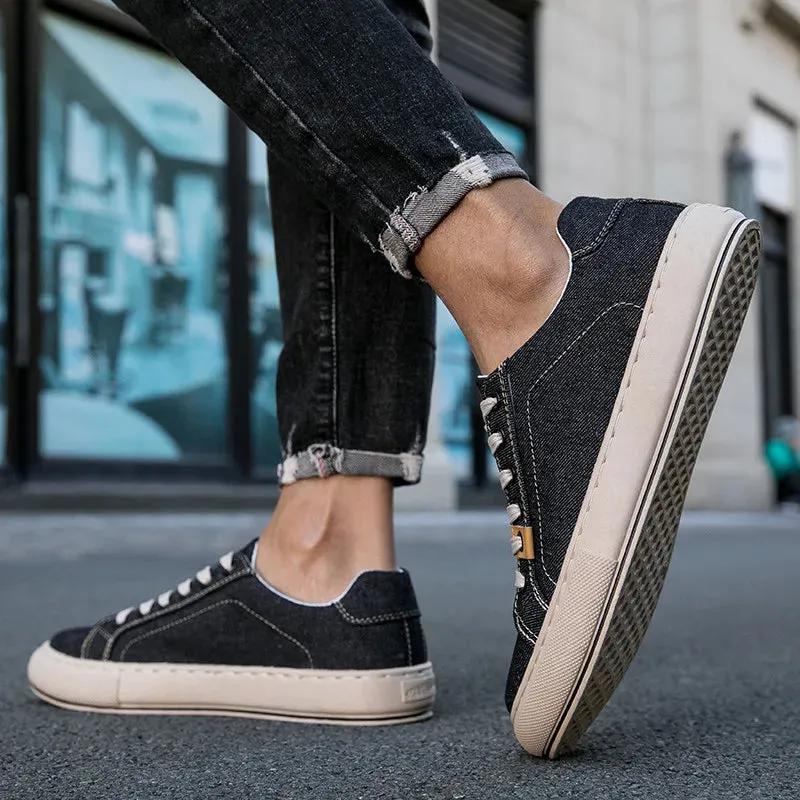 Wiaofellas  -  Japanese Style Cowboy Blue Men Canvas Sneakers FLat Non-slip Men's Vulcanized Shoes Breathable Low Cut Skateboard Shoes for Man Slingback Flat Shoes